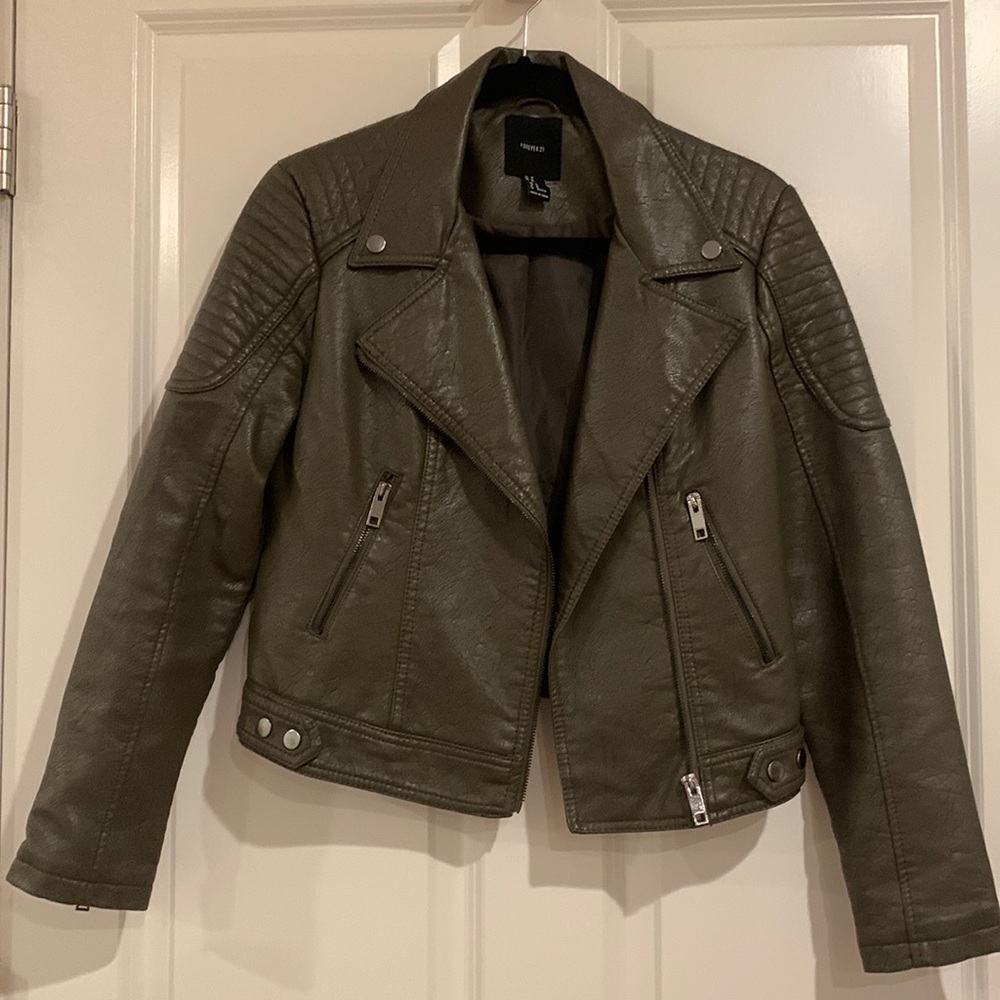 Olive green faux leather moto jacket